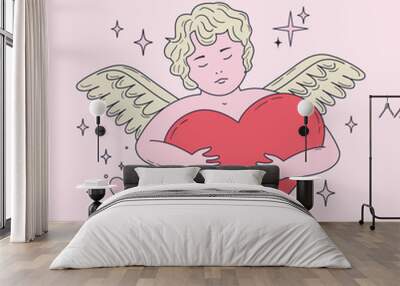 Hand drawn cherub baby holding a big heart. Cute angel in vintage style. Valentine day concept. Outline drawing of cupid for card, sticker, tattoo design Wall mural