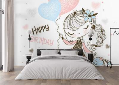 Happy birthday. Cute girl with balloons, gifts and toy Bunny. Vector. Wall mural