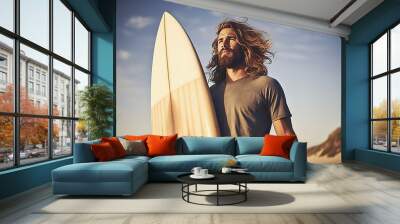 Hipster male surfer with a surfboard, lifestyle portrait Wall mural