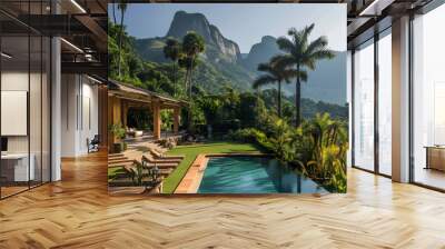 hotel with terrace and swimming pool among palm trees Wall mural