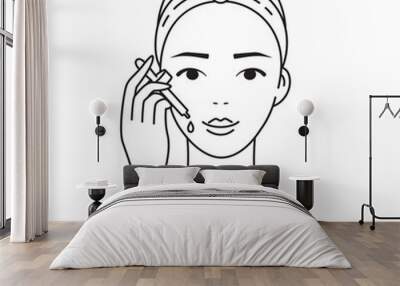 How to apply serum icon. Daily skincare routine. Anti-age, wrinkles treatment. Skin moisturizing. Vector illustration of woman taking care of her face. Visual instruction Wall mural