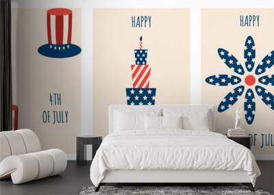 Set Independence of USA greeting card in trend Groovy Flat Minimalism style. Collection holiday postcard design. Y2K Vector aesthetic can used Web and social media posters, background. EPS 10   Wall mural