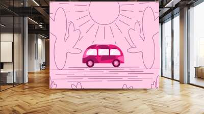 Summer Vacation travel vector art with retro Hippie Bus between Сacti on sunset background. Pink banner or poster with Vintage Car. Design for t-shirt print. Retro Vibes 70s. Vector illustration. Wall mural