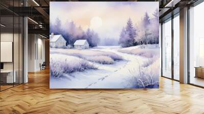 In a serene winter watercolor landscape, two quaint houses are surrounded by snow-covered fields and tall trees, all bathed in the gentle pastel colors of dawn, evoking a sense of peace and solitude Wall mural