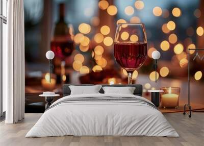 Intimate dinner setting with candlelight, wine glasses, and warm bokeh lights. Wall mural