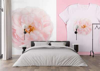 Beautiful pink rose close-up isolated head and example of use on a women's t-shirt Wall mural