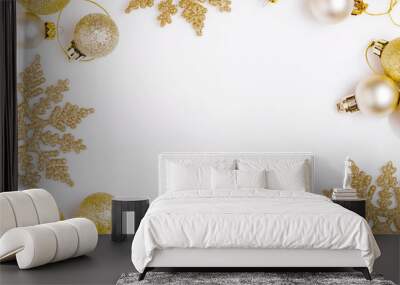 Christmas holiday composition. Festive creative golden pattern, xmas gold decor holiday ball, snowflakes Wall mural