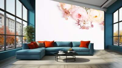 Festive flower composition on the white background. Overhead view Wall mural