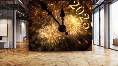 Happy New Year 2025 clock face shows New Year's Eve with fireworks in the background Wall mural