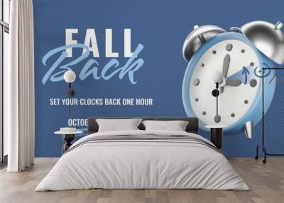 Daylight saving time ends banner. Isolated 3D realistic alarm clock on blue halftone textured background, charcoal arrow and underline. Fall Back time 2024. Vector illustration Wall mural