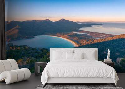 Sunrise nature landscape of beautiful bay and mountains. Wineglass bay Tasmania Wall mural