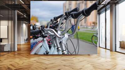 Bicycles in a row on a parking for rent in Saint-Petersburg, life style, city view Wall mural