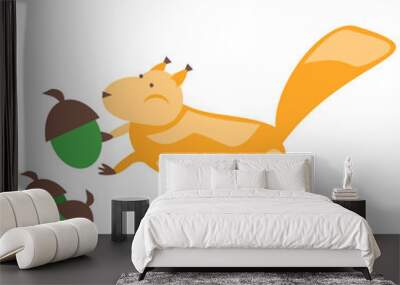 Vector illustration of a red cartoon squirrel stacking nuts. The squirrel collects food. A squirrel with a fluffy tail. isolated. Wall mural