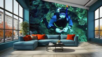 diver in deep with camera. underwater photographer Wall mural