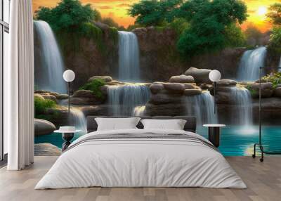 Fantasy landscape with waterfalls, panorama. Generative AI Wall mural