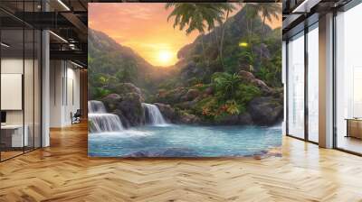 Fantasy landscape with waterfalls, panorama. Generative AI Wall mural