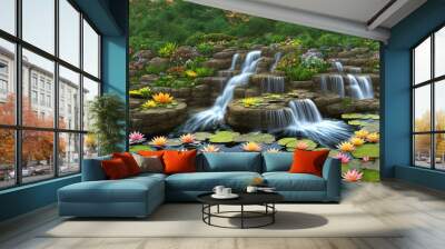 Fantasy landscape with waterfalls, panorama. Generative AI Wall mural