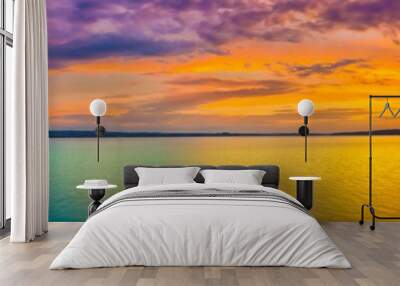 Sunset over the lake. Amazing panorama landscape Wall mural