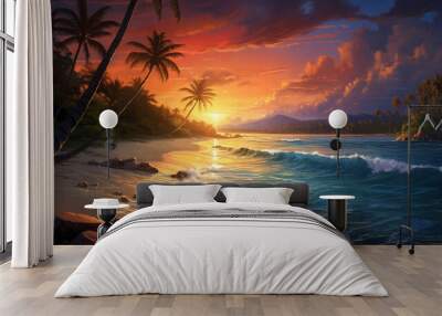 Sunset over the sea,panorama . AI Generative Wall mural