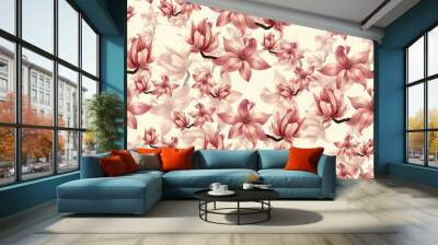 Seamless pattern with pink flowers magnolia on pink background. Wall mural