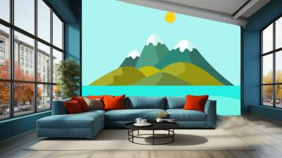 Vector illustration of a silhouette of mountains with snowy peaks against the background of the sun, sky and grass. Hills by the water. Landscape. Mountain landscape. Nature. Flat. digital Wall mural