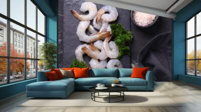 raw fresh shrimp on black background Wall mural