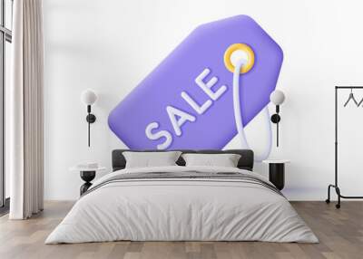 3d discount offer sale price tag icon. Render label tag on rope for discount offer, sale, promotion, online shopping and percentage concept. 3d vector cartoon minimal illustration Wall mural