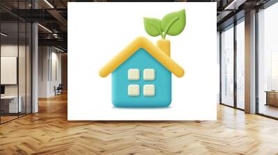 3D eco house with leaf, ecology icon. Render eco-friendly house for protect environment, global warming, save earth, green energy concept. 3d green home vector cartoon minimal illustration. Wall mural