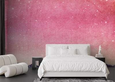 Landscape is a dark silhouette of mountain chain on the far side of the lake against the backdrop of pink sky with milk stars. Hand drawn watercolor  background Wall mural