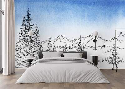 Landscape with a mountain chain and forest. In foreground there are three tall firs. Hand-drawn linear illustration on paper. Sketch with ink on toned with watercolor background. Wall mural