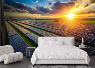 Large solar farm in a rural landscape at sunset, symbolizing renewable energy
 Wall mural