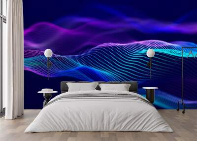 Lights background. Colored music wave. Big data digital code. Futuristic dots Illustration. 3D Wall mural