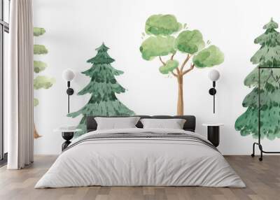 Watercolor green trees. Woodland illustration for kids Wall mural