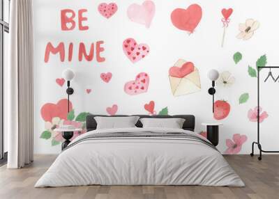 Watercolor hearts, pink, red. Valentine's day illustration Wall mural