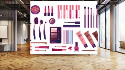 Cosmetics and fashion set with make up artist objects lipstick, cream, brush. Realisic Vector Illustration. Wall mural