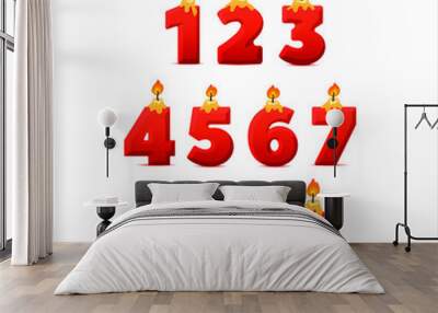 Set of colorful birthday candle numbers. Wick and fire. Vector illustration. BOLD HAND DRAWN FONT Wall mural