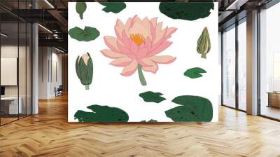 Lotus flowers and leaves isolated vector illustration in old japanese woodprint ukiyoe-e style. Design for natural cosmetics, health care and ayurveda products, yoga center. Wall mural