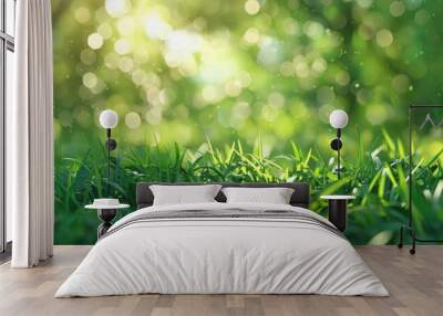 Lush green grass with a soft, bokeh light green background. Wall mural