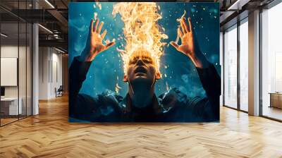 man with burning head, brain explosion, fire Wall mural