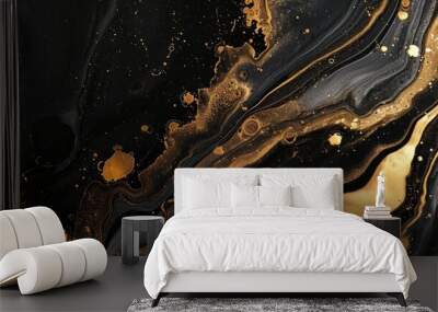 Marble-inspired liquid ink art painting on paper creates a black gold abstract background. Wall mural