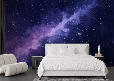 Marvelous night sky with blurred path of milky way and sparkling stars. Purple vague gradient and white stains on dark blue background. Watercolor hand drawn illustration. Abstract space background. Wall mural