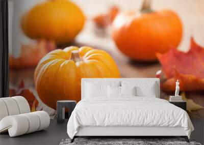 autumn halloween pumpkins on wooden background Wall mural