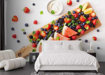 fruit and berry platter over white. blueberry, strawberry, raspberry, blackberry, watermelon Wall mural