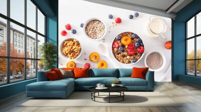 healthy granola for breakfast with berry fruit nut, plant milk Wall mural