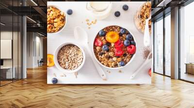 healthy granola for breakfast with berry fruit nut, vegan milk Wall mural