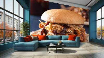 homemade pulled pork burger with coleslaw and bbq sauce Wall mural