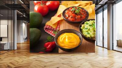 mexican nachos tortilla chips with guacamole, salsa and cheese dip Wall mural