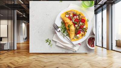 omelette with tomato, feta cheese onion and arugula. healthy keto diet low carb breakfast Wall mural