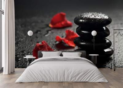 spa stones and rose petals over black background Wall mural