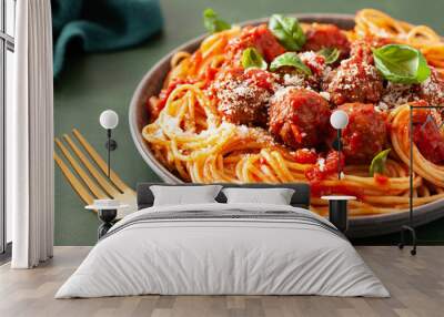 spaghetti with meatballs and tomato sauce, italian pasta Wall mural